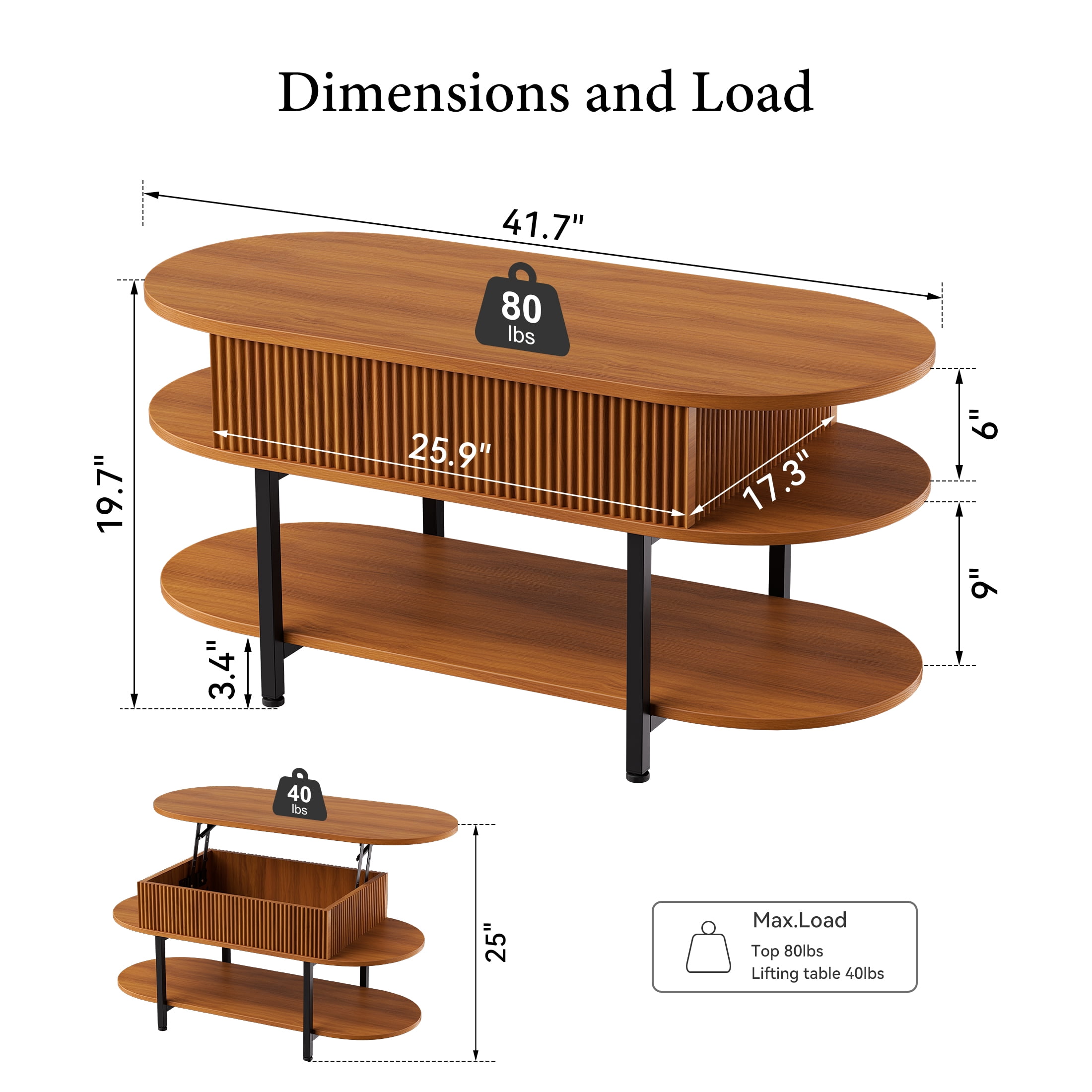 GUNAITO Lift Top Coffee Table with Storage, Modern Farmhouse Center Table with Shelf 3 Tier for Living Room, Walnut