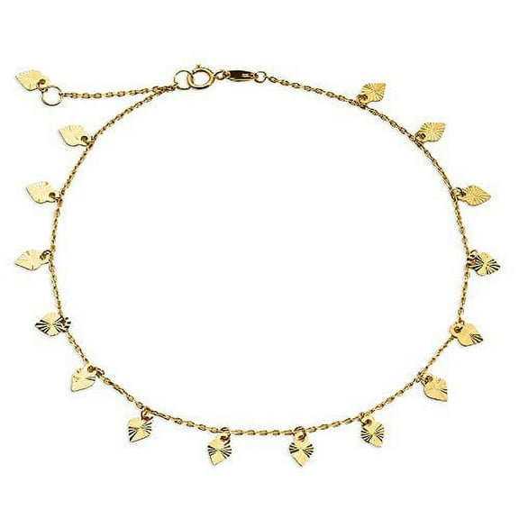 LOVEBLING 10K Yellow Gold .50mm Diamond Cut Rolo Chain with 15 Diamond Cut Heart pendants Anklet Adjustable 9" to 10" (#20)