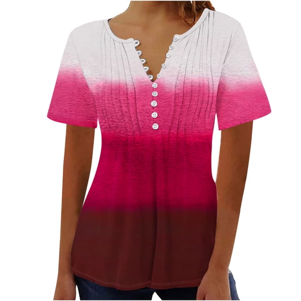 Tops de Algodón para las Mujeres Impreso en V-Cuello Botón Arriba Manga Corta Superior, Imitación Algodón Casual Blusa