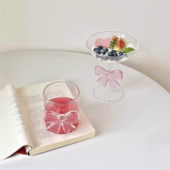 Halloween Glasses, Stemless Glasses, Pink Bow Glasses Bow Delicate and Elegant Pink Decorative Coquettish Container Clear for Weddings Birthdays Parties and Home