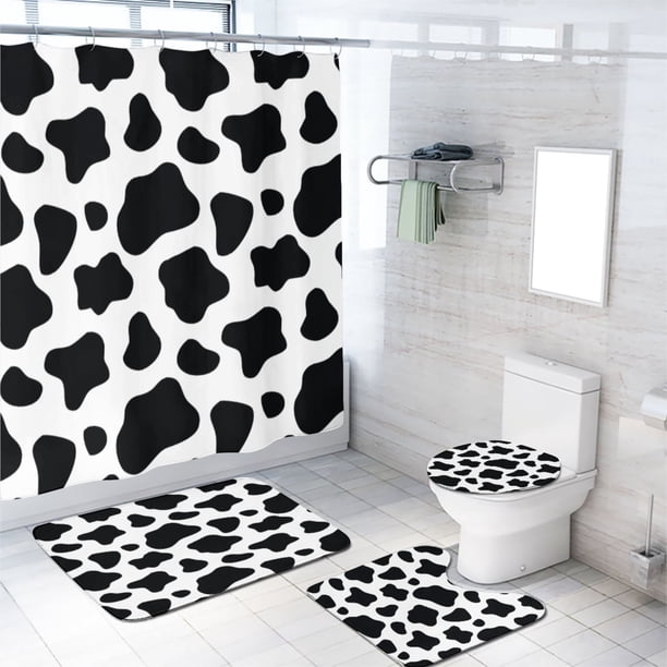 Juego de cortina de ducha con textura de vaca y alfombras, fondo de piel de animal con manchas en blanco y negro, decoración de baño, cortina de baño con alfombras, tapa de inodoro, alfombrilla de
