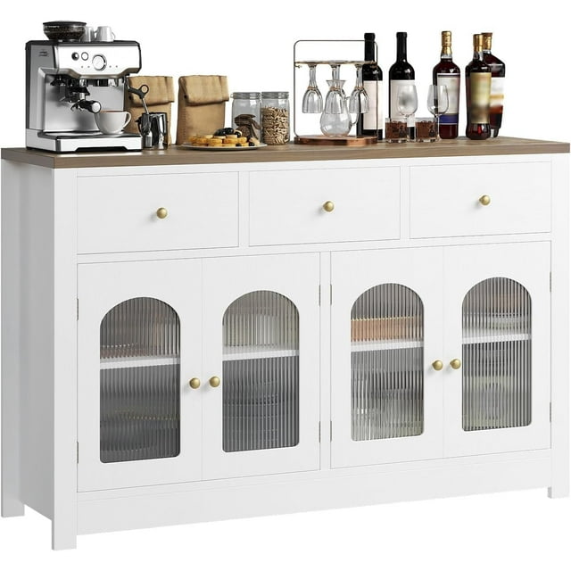 Buffet Cabinet with Drawers, 55Inch Large Sideboard Buffet Storage Cabinet with 3 Drawer and 4 Doors Wood Coffee Bar Buffet Table for Kitchen Dining Living Room Hallway
