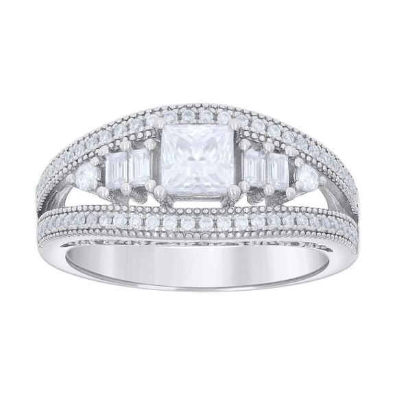 925 Sterling Silver Womens Princess-cut/Baguette Round Cubic-Zirconia Fashion Ring Size 9