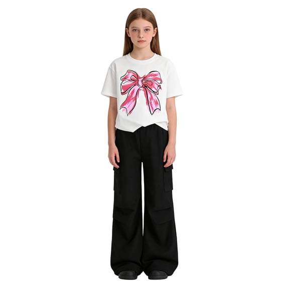 Girls 2 Piece Outfits Bow Print Short Sleeve Crop T-Shirt & Elastic Waist Cargo Pants Casual Streetwear Clothes for Kids Black Size 9-10 Years