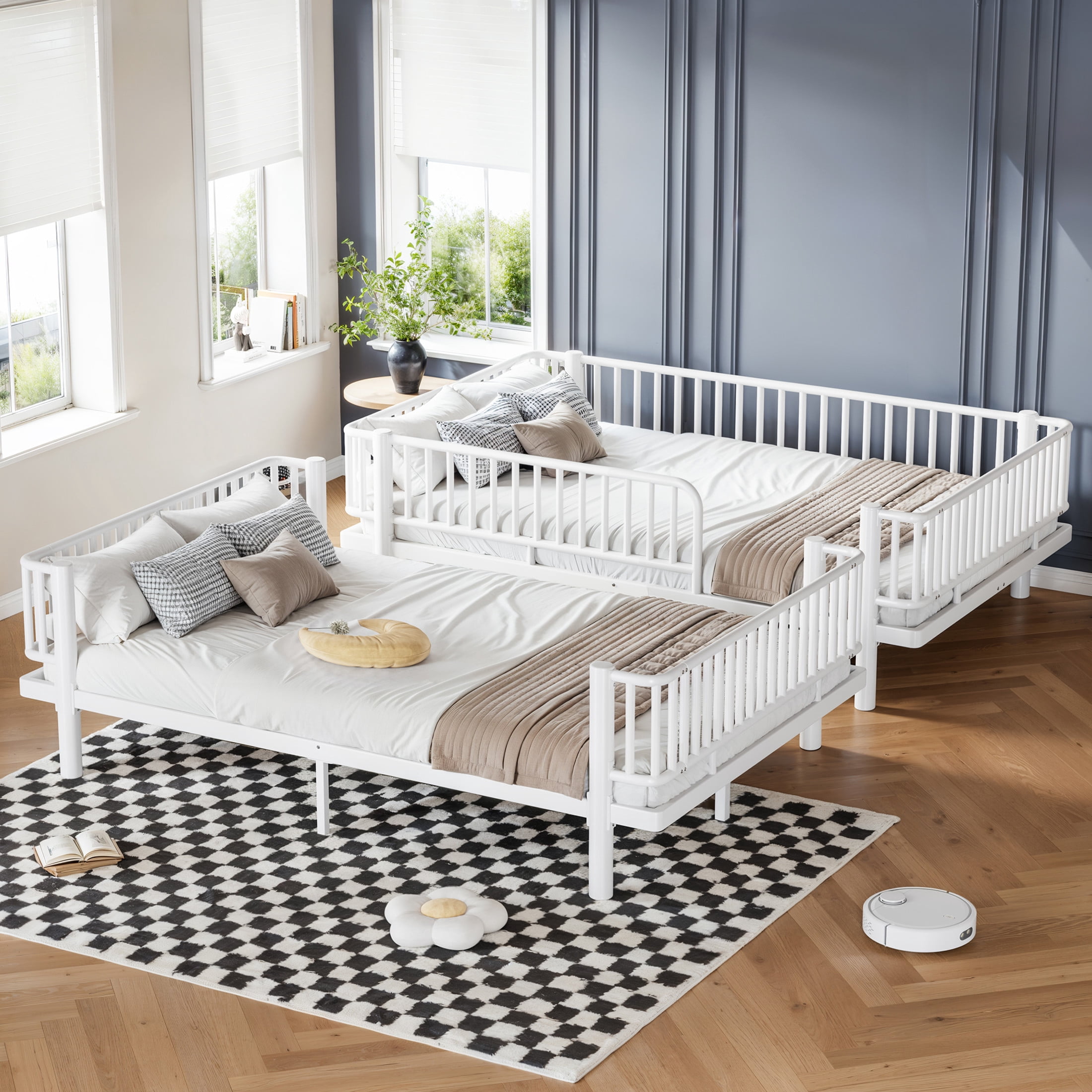 Noble House Queen over Queen Bunk Bed with Guardrails and Ladder, Can Separate into 2 Platform Beds, White