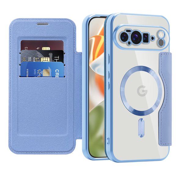 Decase Magnetic Case for Google Pixel 10 Pro XL Wallet Case with Card Holder,RFID Blocking,Compatible with Mag-Safe,Leather Flip Clear TPU Protection Cover for Google Pixel 10 Pro XL 2025,Blue