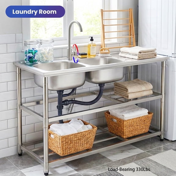 Freestanding Stainless Steel Sink, Double Bowl Commercial Restaurant Kitchen Sink with Cold&Hot Faucet, Prep Washing Hand Basin Sink for Garage Restaurant