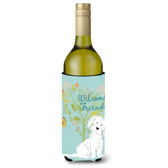 Carolines Treasures BB7639LITERK Welcome Friends Maltese Wine Bottle Beverge Insulator Hugger  Wine Bottle multicolor