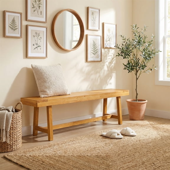 ELLEGNT 63-Inch Solid Wood Entryway Bench, Farmhouse Style Narrow Seating for 3 People
