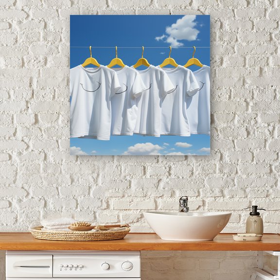 Designart "Smiling T-shirt Hanging Out in Minimalist Laundry I" Illustration Canvas Wall Art - Modern White Laundry Hallway Wall Art Decor