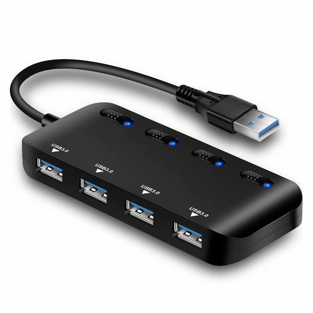 4 Port Usb 3.0 Hub, Active Usb Hub Distributor 5gbps Data Hub With Individual Power Switches And Leds