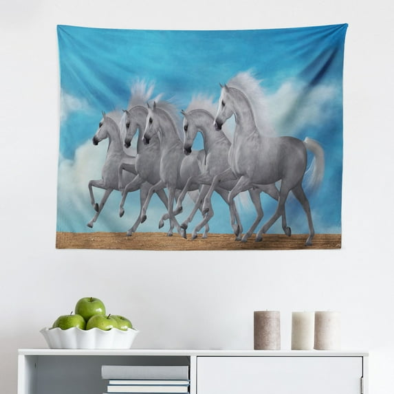 Pony Tapestry, Cartoon Graphic of a Royal Horse Cartoon Animal Tale Image Print, Fabric Wall Hanging Decor for Bedroom Living Room Dorm, 2 Sizes, White Pink and Orange, by Ambesonne