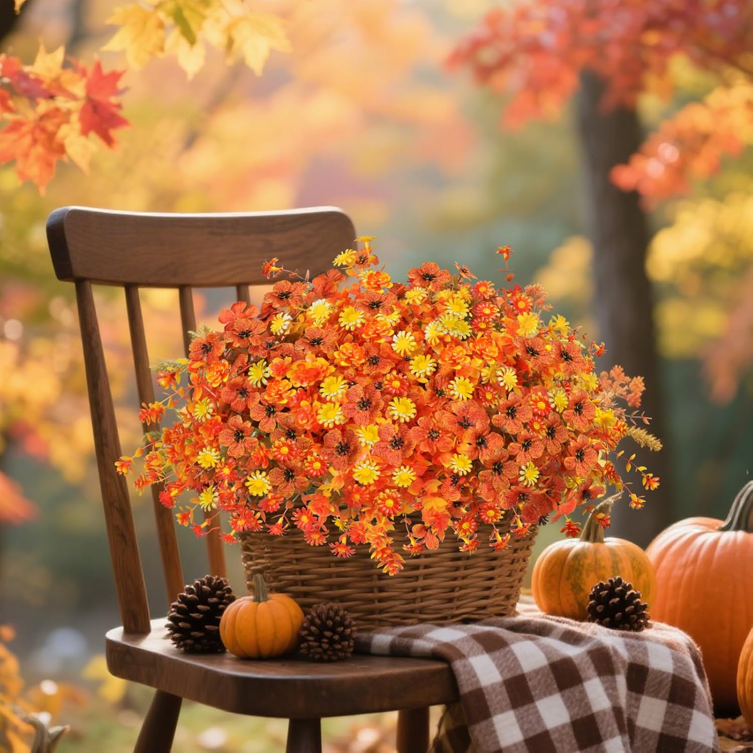 Artificial Fake Mums Flowers  Autumn Decorations,16 Bundles Mix Silk Glory UV Sun Resistant Realistic Faux Flower Outdoor