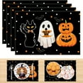 thumbnail image 2 of 4pcs Halloween Placemats - 12x18 inch, Black with White Polka Dots & Bats, Pumpkin Cat Design, Durable Linen Table Mats for Home Kitchen, Party, Holiday Decor, Halloween Decorations, 2 of 5