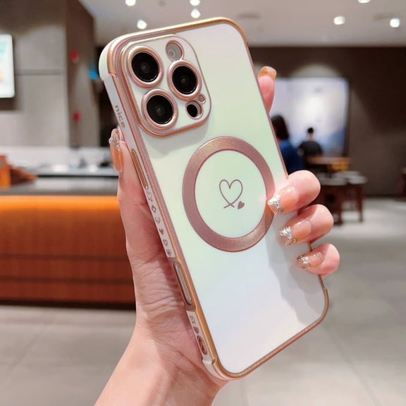 Compatible with iPhone 15 Magnetic Glitter Case, Luxury Love Heart Pattern Plating Case, Compatible with MagSafe for Women Girls Shockproof Protective Ultra Slim TPU Cover - White
