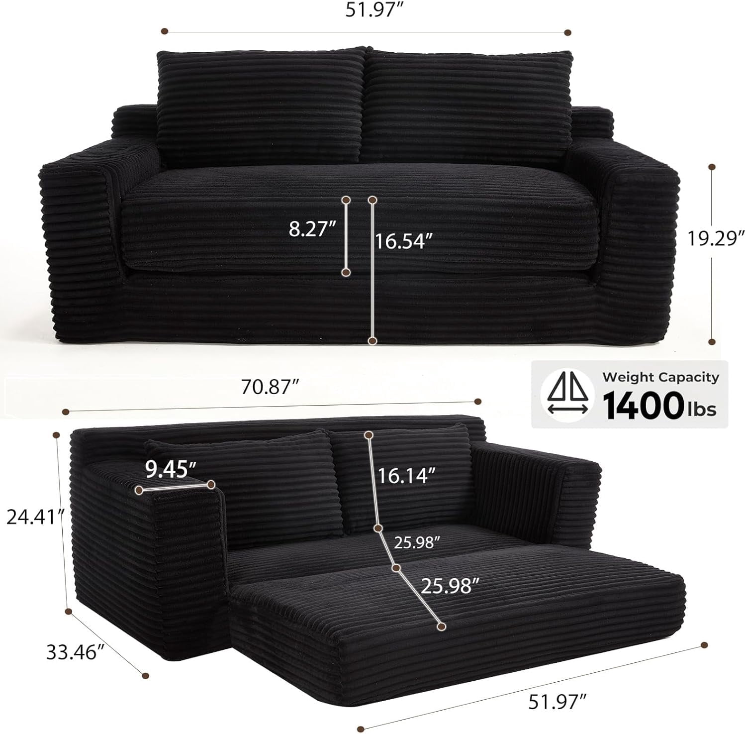 Howcool 71" Boneless Loveseat Sleeper Sofa,2 in 1 Pull Out Convertible Corduroy Floor Couch with Side Storage Pockets & 2 Throw Pillows,Foldable Guest Couch for Living Room,No Assembly Required,Black