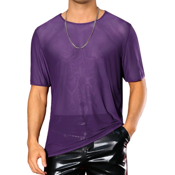 Camiseta de malla transparente Inspire Chic para hombre, camiseta de manga corta, cuello redondo, camiseta de fiesta transparente, 2XL, púrpura