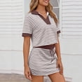 thumbnail image 5 of Skorted Skirt Sets Women 2 Piece Outfits Striped Short Sleeve Lapel V Neck Top & Mini Skirts Summer Clothes, Brown 2XL, 5 of 8