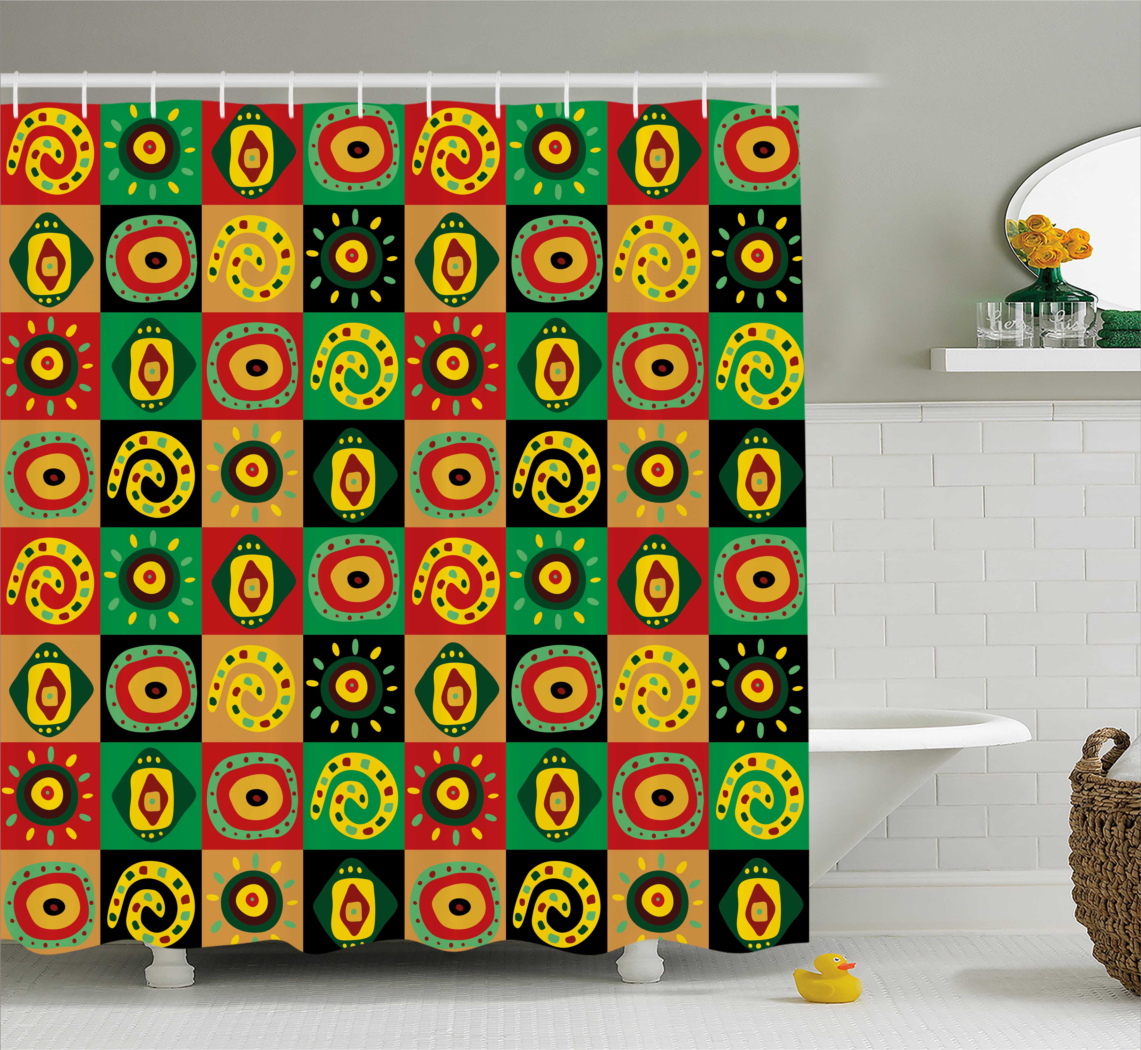 African Shower Curtain, Tribal Abstract Figures Design with Trippy