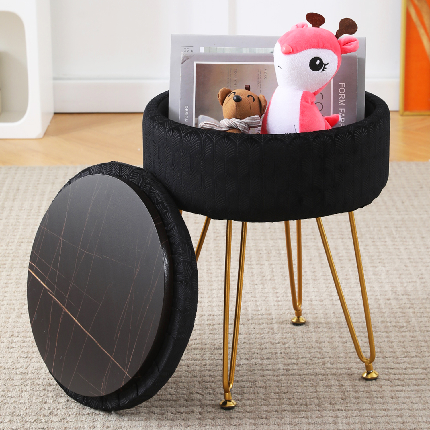 Home Round Velvet Storage Ottoman & Tray Top Coffee Table, Black Foot
