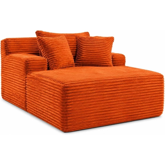 YWEN 66" Indoor Chaise Lounge Chair, Oversized Corduroy Lounge Chair with Pillow, Upholstered Reading Chair with Wide Armrests, No Assembly Required Accent Chair for Living Room Bedroom (Orange)