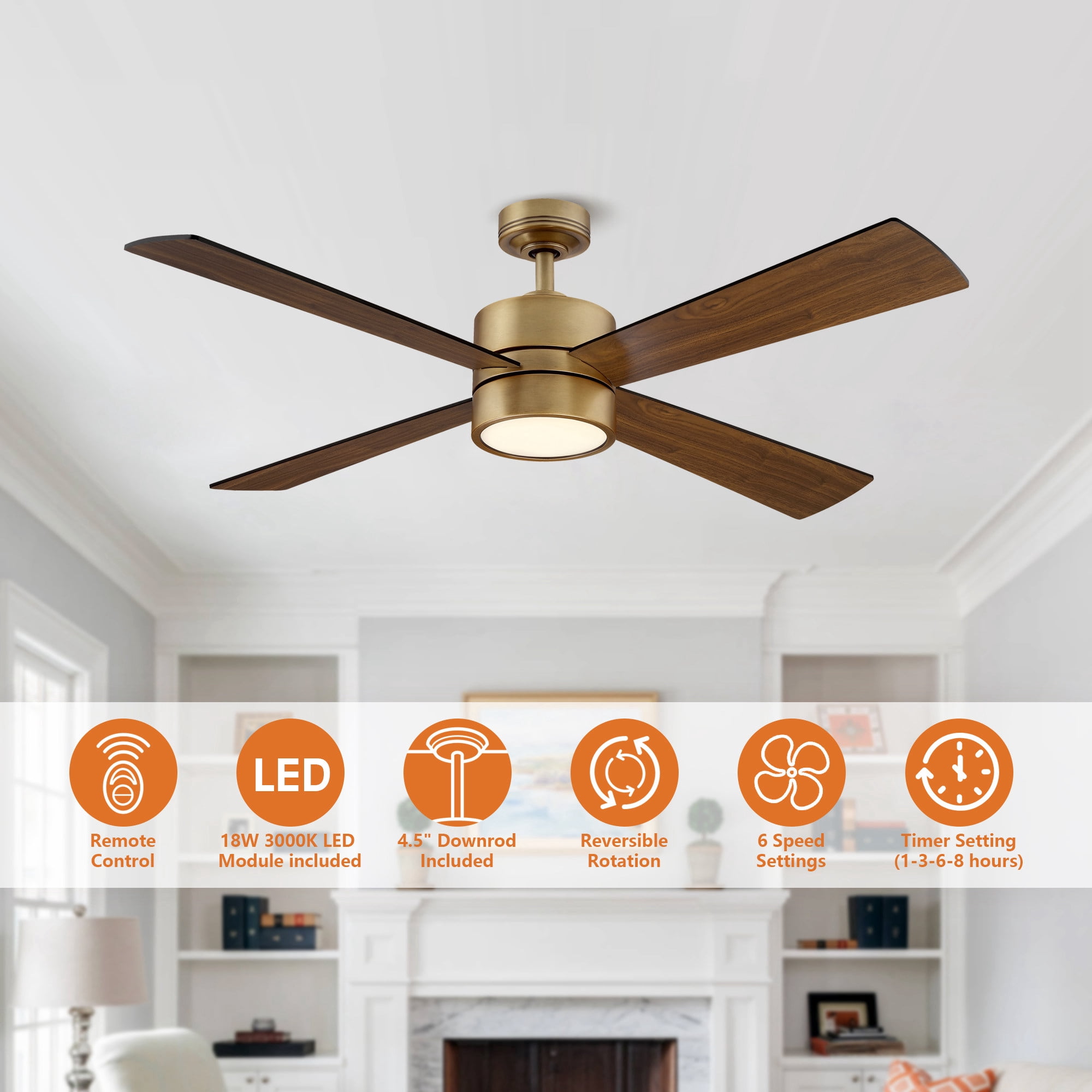 Parrot Uncle 52 Inch Brass Contemporary LED Ceiling Fan with Remote Control