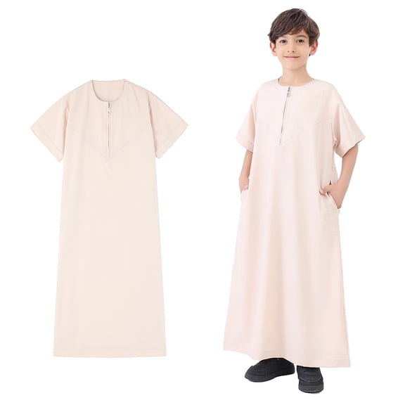 Boys Thobe Short Sleeve Zipper Beige Long Thobe Eid Outfit Boy Clothes 13-14 Years