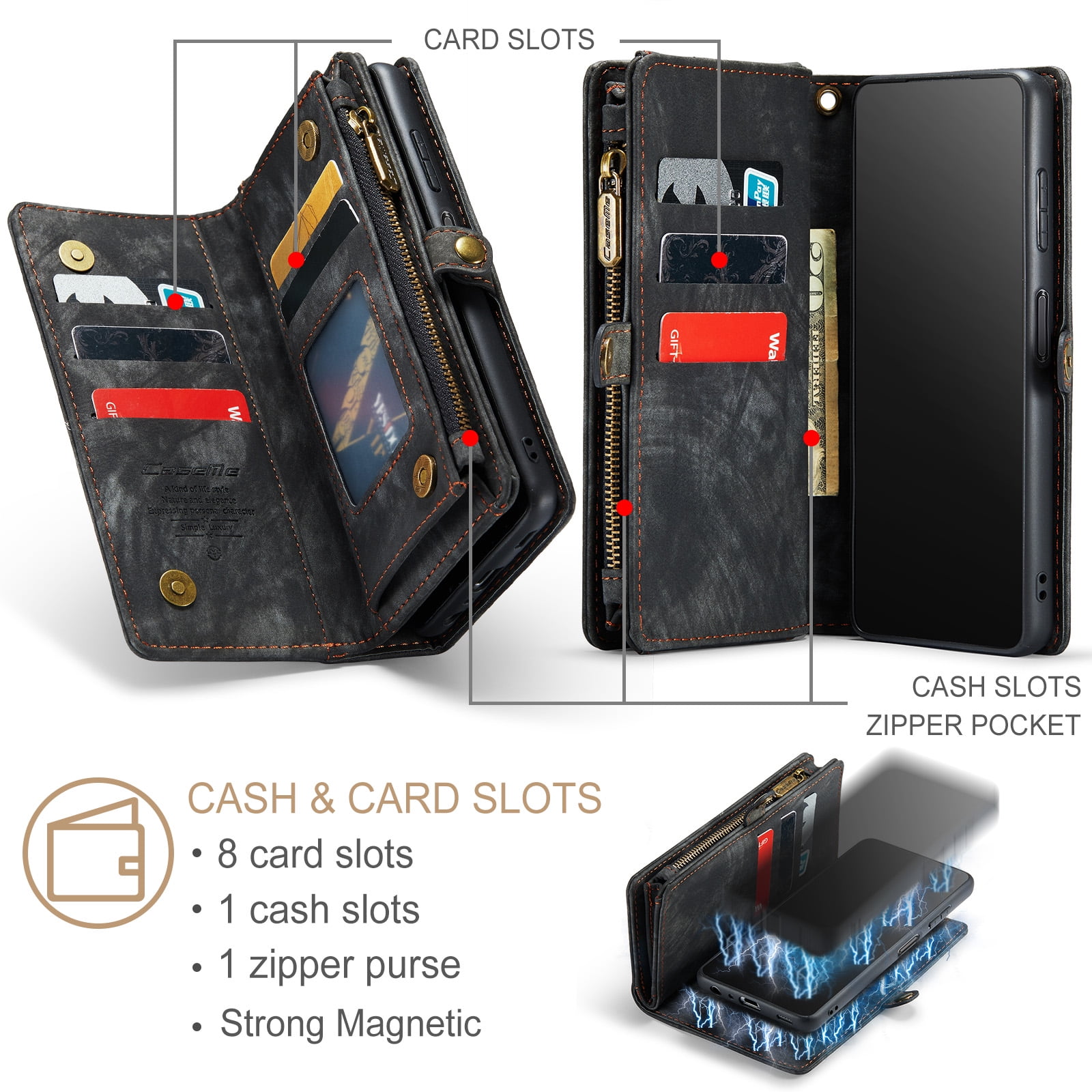 Feishell Durable 2- In-1 Magnetic Detachable Wallet Case for Samsung Galaxy S25,for Women Men,Premium PU Leather Zipper Pocket Flip Multi Card Slots Purse Phone Case with Wrist Strap,Black