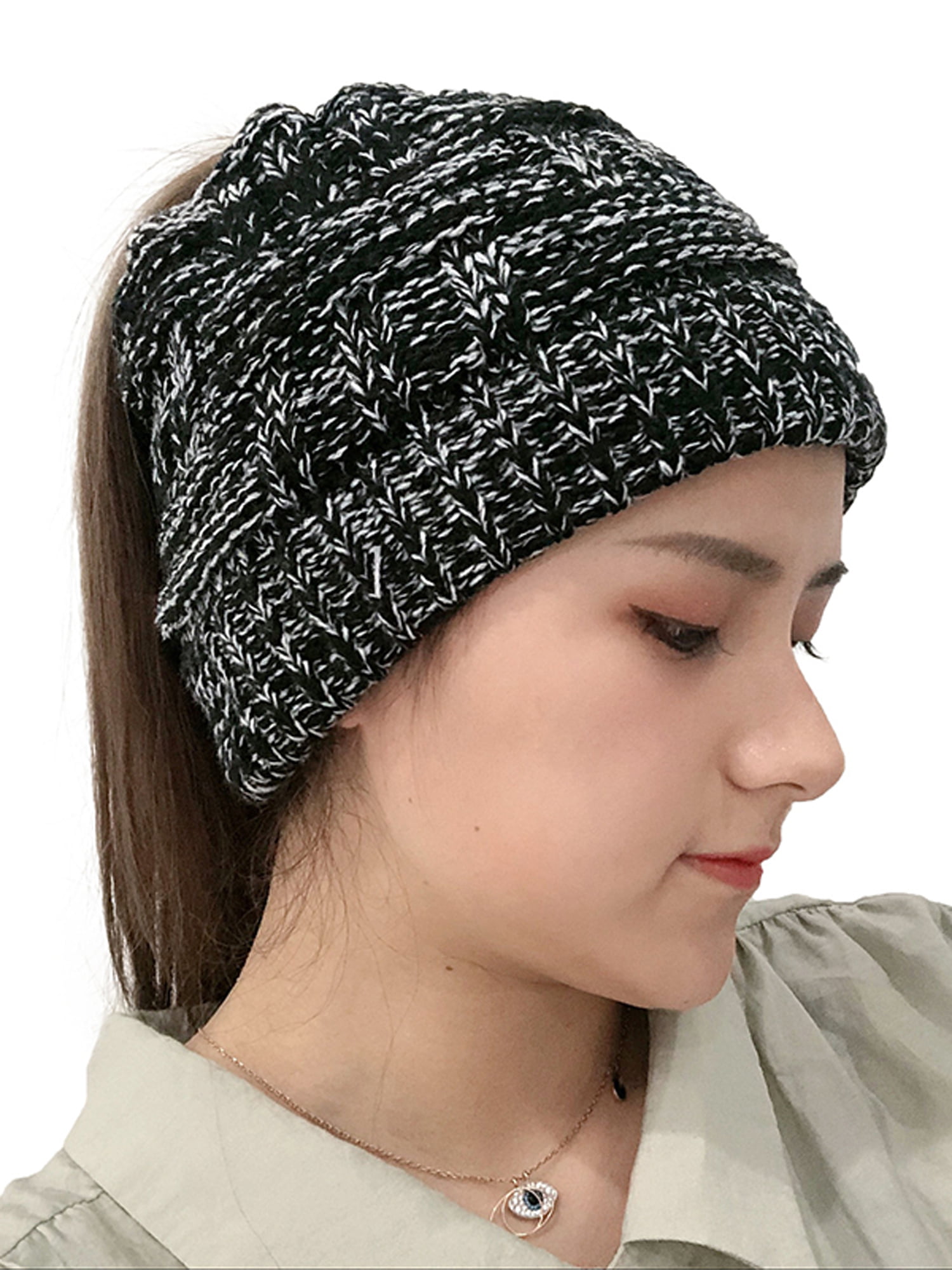 Ponytail Beanie Knit Infinity Scarf Set Womens/Girls Fuzzy Lined Messy High Bun Cap Circle Scarves 