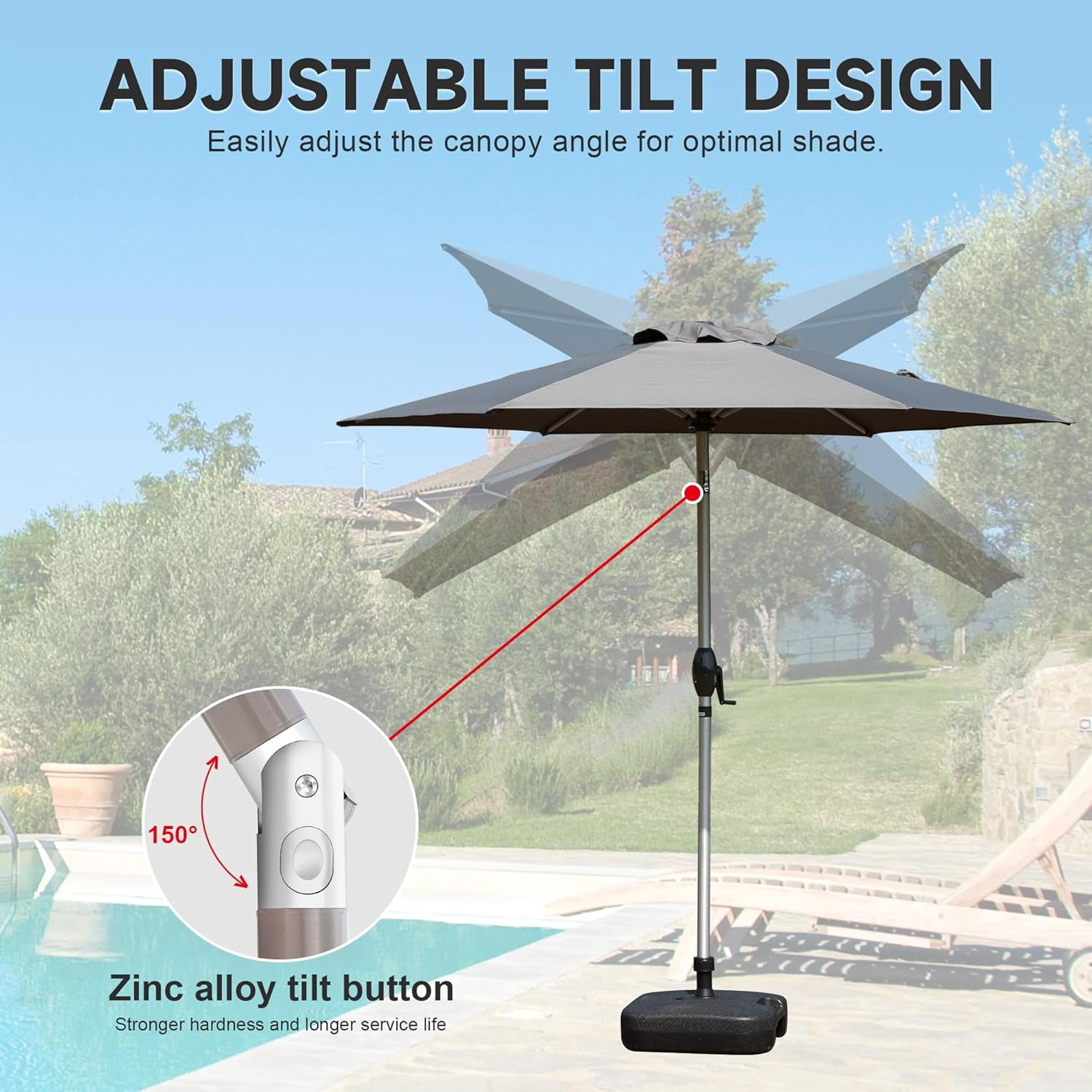 TOTAL 7.5FT Patio Umbrella Outdoor Market Umbrella with Silver Aluminum Pole, UV Resistant Canopy, Wind Vent, Tilt & Crank System, Perfect for Patio, Garden, Deck, Pool, Outdoor Dining, Gray