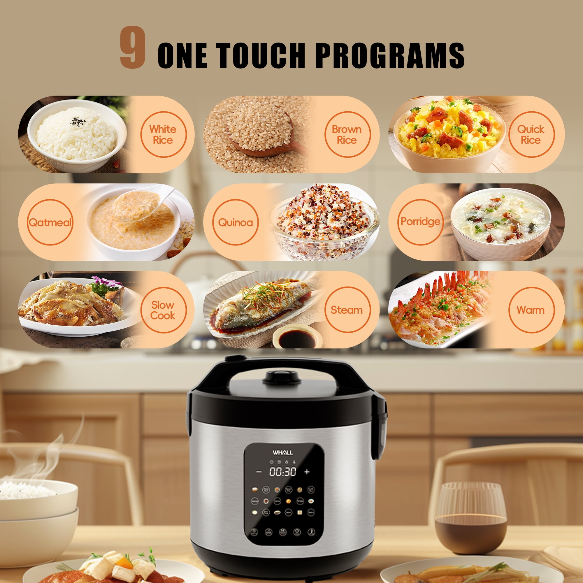 WHALLSE Digital Rice Cooker – 10-Cup Uncooked / 20-Cup Cooked Capacity, Multi-Function Steamer, Slow Cooker, Oatmeal Setting, Auto Keep Warm Feature, 5 Qt, Stainless Steel New