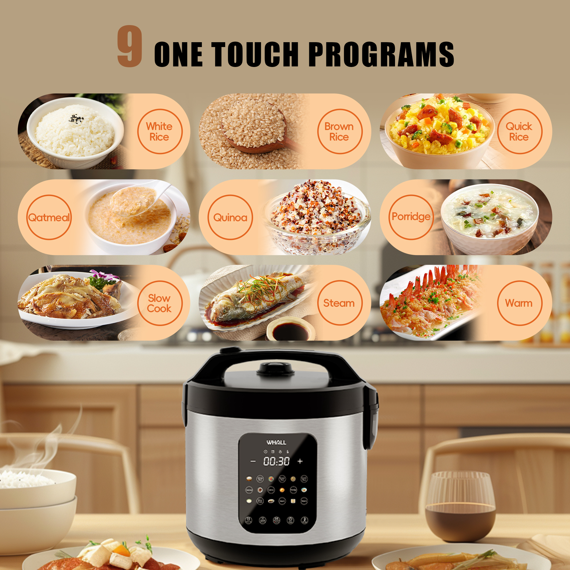 Whallse Digital Rice Cooker, 10-Cup Capacity, Stainless Steel photo 4