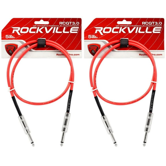 2 Rockville RCGT3.0R 3'  1/4" TS to 1/4'' TS Guitar/Instrument Cable