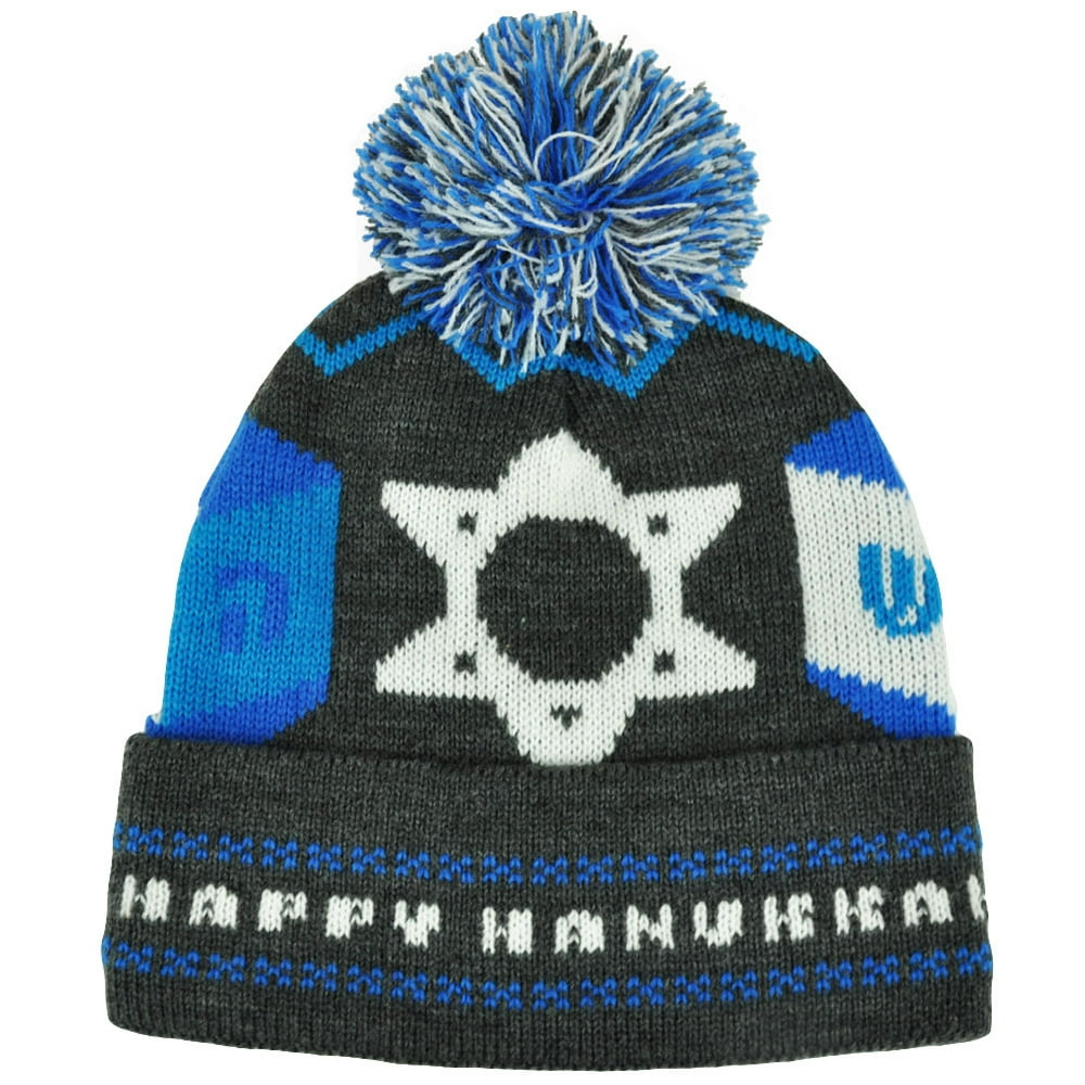 Happy Hanukkah Intarsia Cuffed Pom Beanie Toque Winter Jewish Holiday
