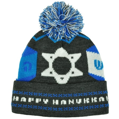 Happy Hanukkah Intarsia Cuffed Pom Beanie Toque Winter Jewish Holiday Knit Hat