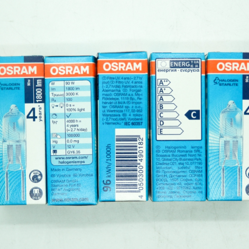 OSRAM Halogen Light Bulb, 90W 12V, 3000K White Light, Bi-Pin GY6