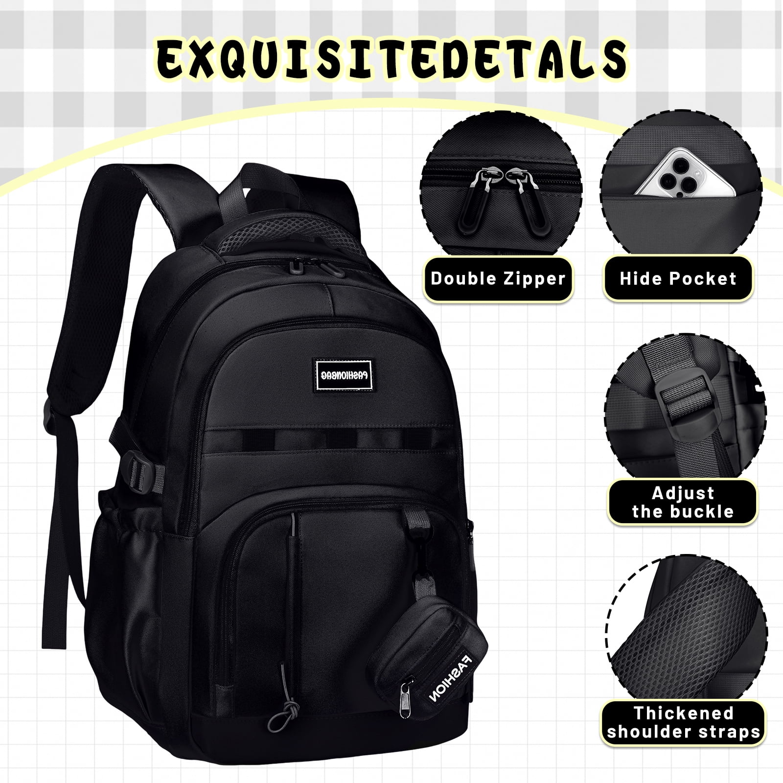 DAKIMOE School Backpack for College High Middle School Fashion Student Bag Cute Aesthetic Teen Bookbag for Teens Women Kids Girls Black