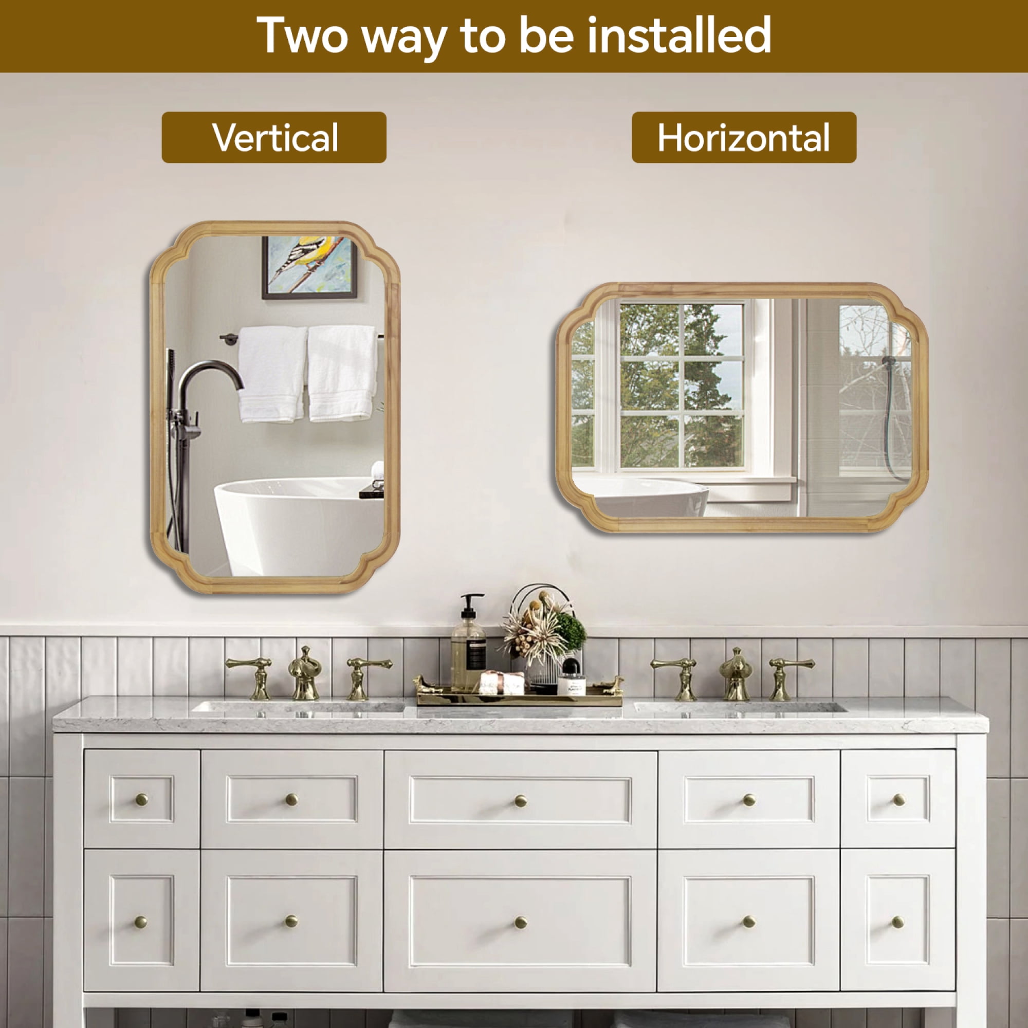 Leumius 24"x 36" Decorative Mirror, Solid Wood Frame Rounded Corner Mirror for Bedroom Bathroom Living Room Entryway Natural