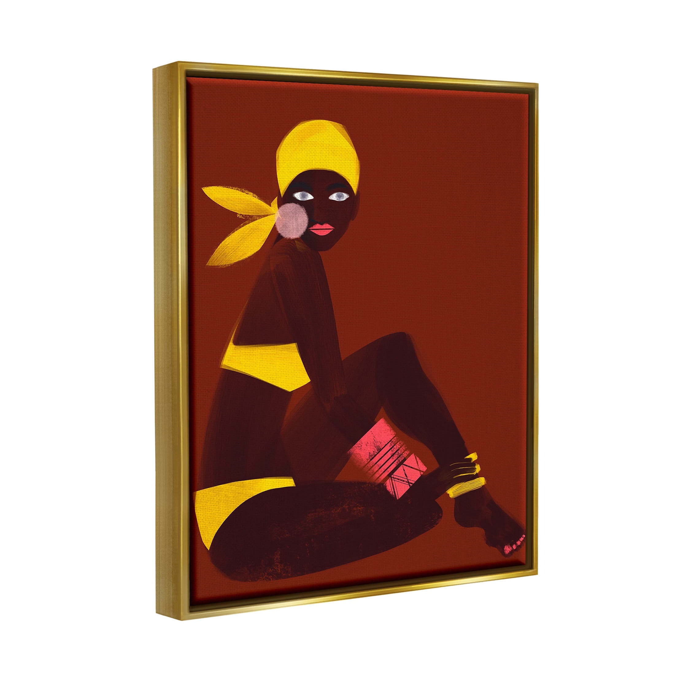 Woman Sitting Yellow Swimsuit Abstract Graphic Art Metallic Gold Framed Art Print Wall Art