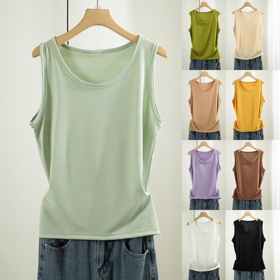 Endives Women's Cotton Tank Top Fitness Round Neck Wrapped Camisole Top Vest Basic Layer Tank Top Sport Wear Beige