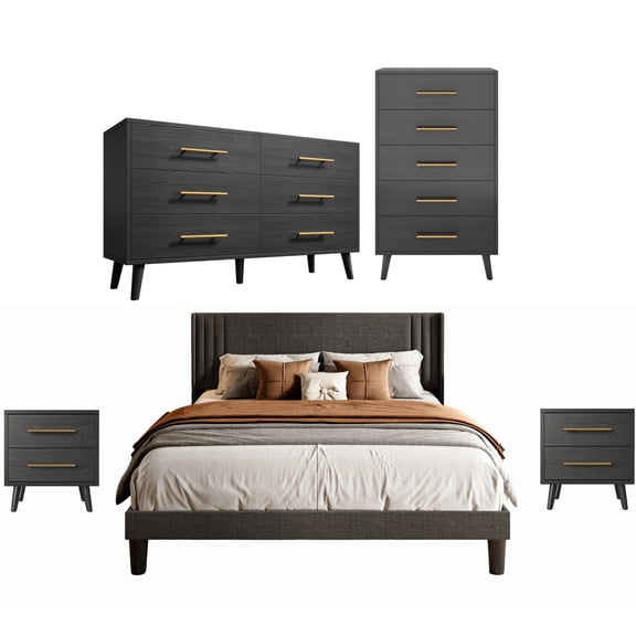 Asofer Black 5-Piece Bedroom Set: Queen Bed Frame, 5 & 6 Drawer Dresser & 2 Nightstands