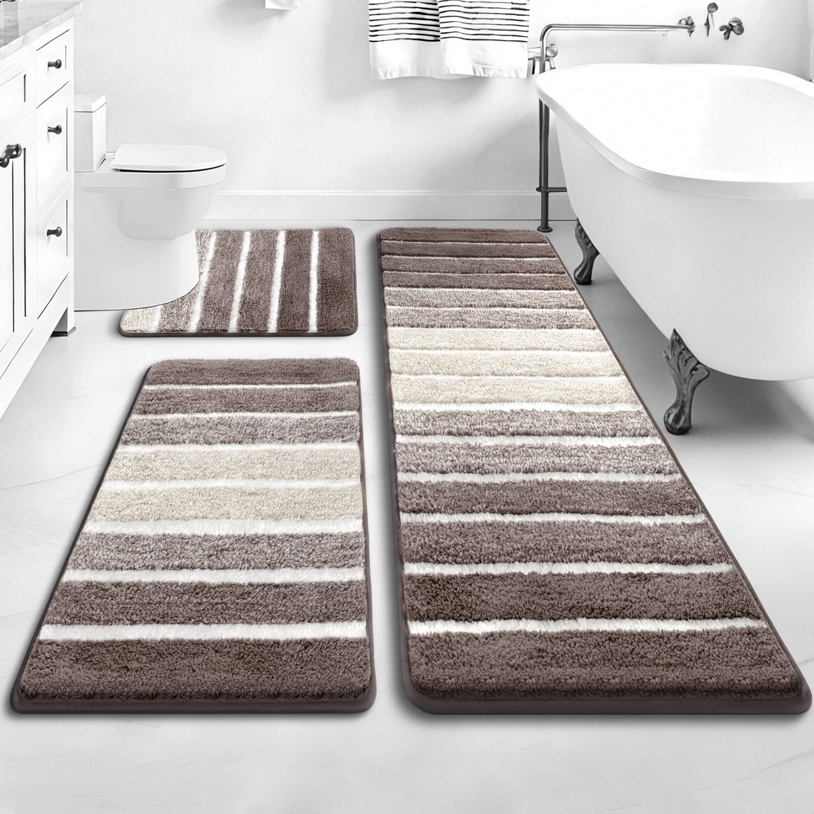 Findosom Bathroom Rugs Set of 3,Absorbent Non-Slip Machine Washable Bath Rugs, Microfiber Quick Dry Bath Mats for Bathroom Floor Tub Shower Bedroom Kitchen,20"x32"+20"x59"+U Shape 20"x24" Brown