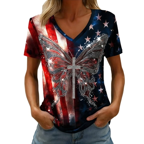 T Shirts for Women Graphic 4Th Of July Patriotic Print Crew Neck Short Sleeve Casual Fit Tee Tees for Women Black L