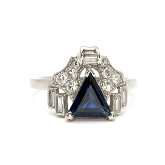Trilliant Cut Blue Sapphire Ring, Vintage Diamond Engagement Ring, September Birthstone Ring, Art Deco Multi Cut Stone Diamond Ring, 14K White Gold Plated, 2.3 Ct Simulated Diamond And Blue Sapphire