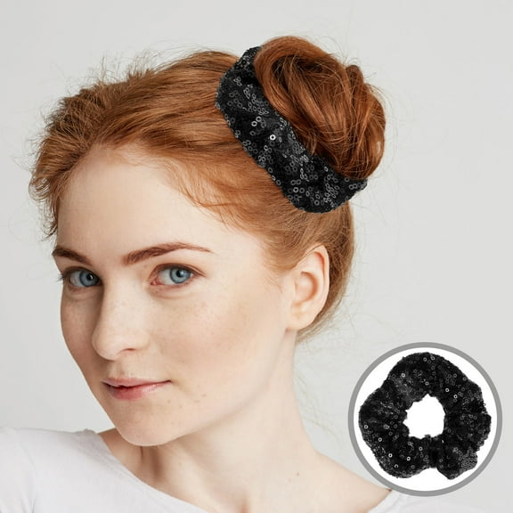 DEEPCRAFF 2Pcs Black Sequined Hair Ties Stretchy Fabric Hair Bands for Parties