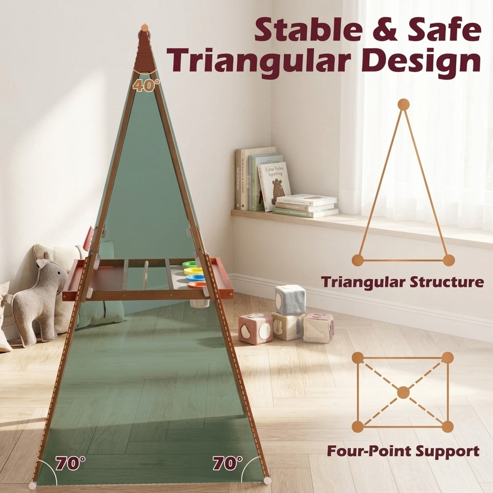 Fenbeli Wooden Kids Art Easel, Height-Adjustable Double-Sided Magnetic Whiteboard and Chalkboard for Ages 3-12, Natural Wood