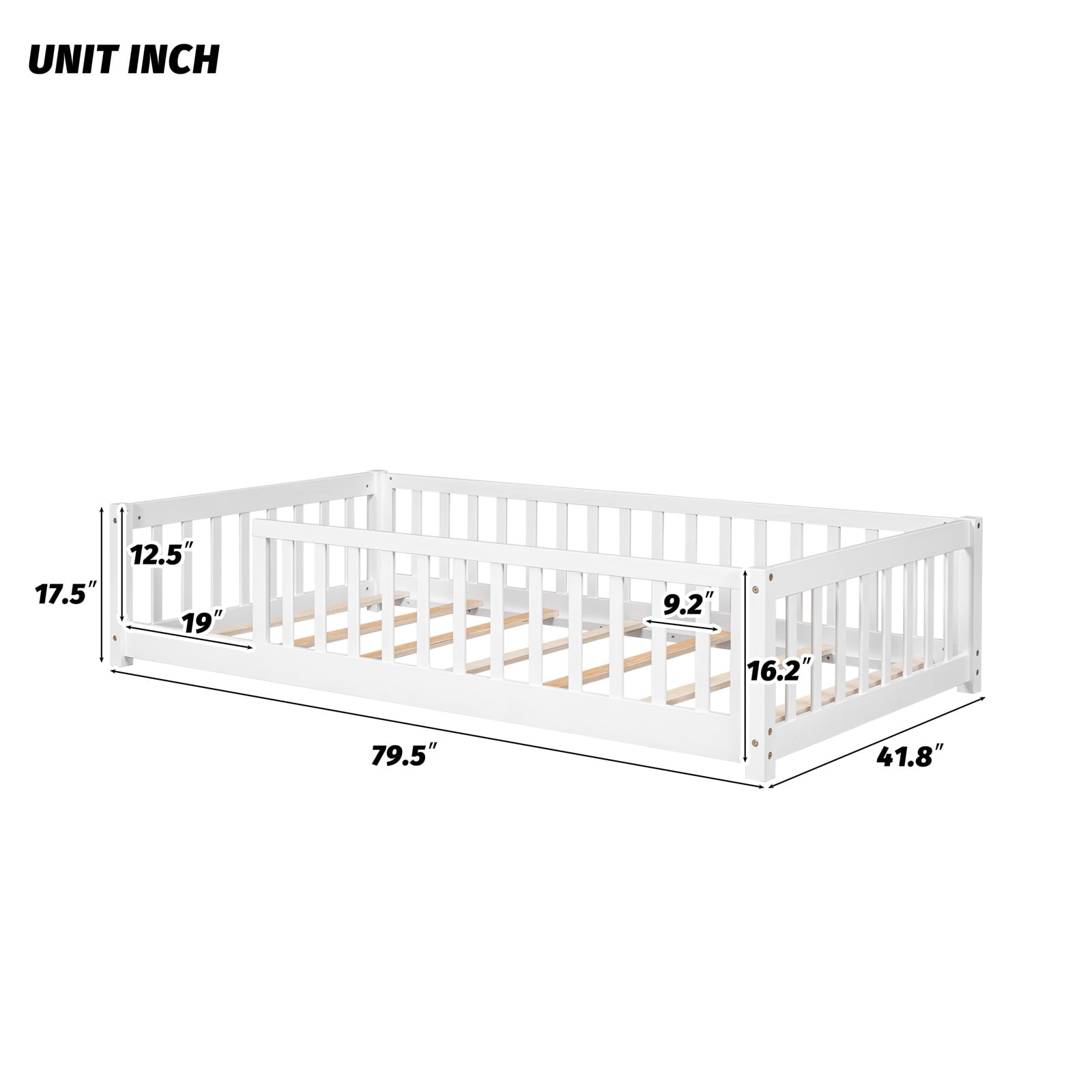 Twin Floor Bed with Fence for Kids, Solid Pine Wood Montessori Bed Frame with Guardrails and Slats System, Playhouse Design Platform Bed for Children Bedroom, Without Door, Easy Assemble,White