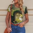 thumbnail image 4 of KLL Women 's Crew Neck Bodysuit Jumpsuits Deep Forest Stone Green Dragon Print Short onesies Stretch T Shirts, 4 of 5