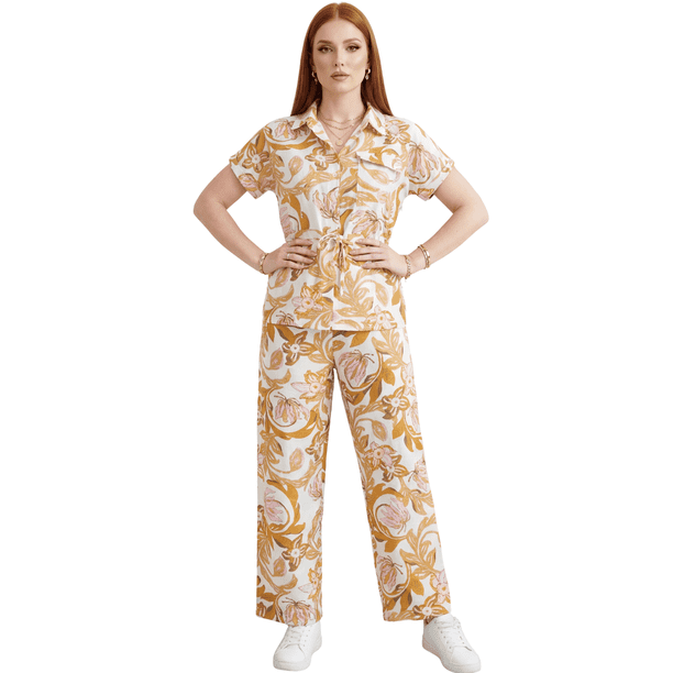 Conjunto 2 Piezas Estampado Floral, Camisa con Cinturón y Pantalón Amplio, Look Fresco y Elegante para Mujer