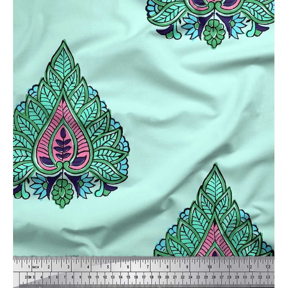 Soimoi Satin Silk Fabric Leaves & Floral Block Print Fabric by The Yard 42 Inch Wide